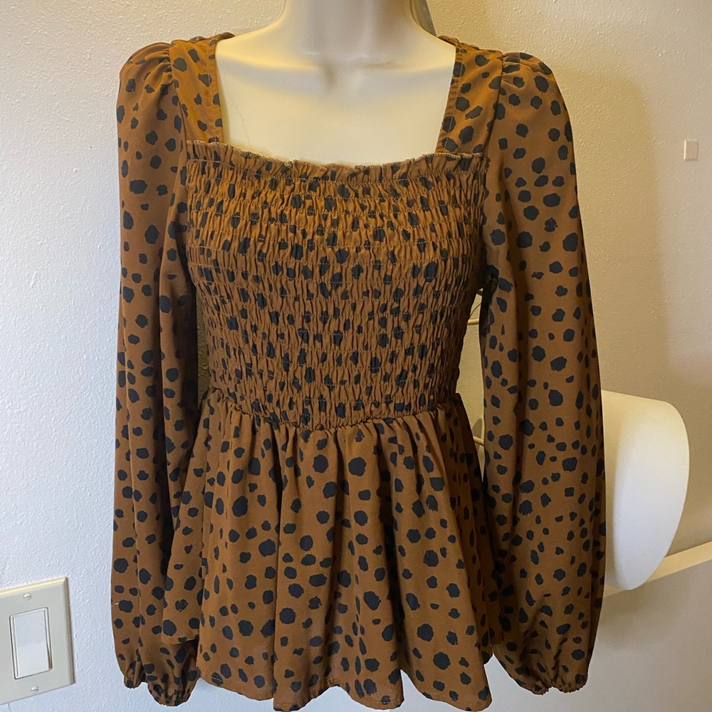 Brown Polka Dot Smocked Women's Top
